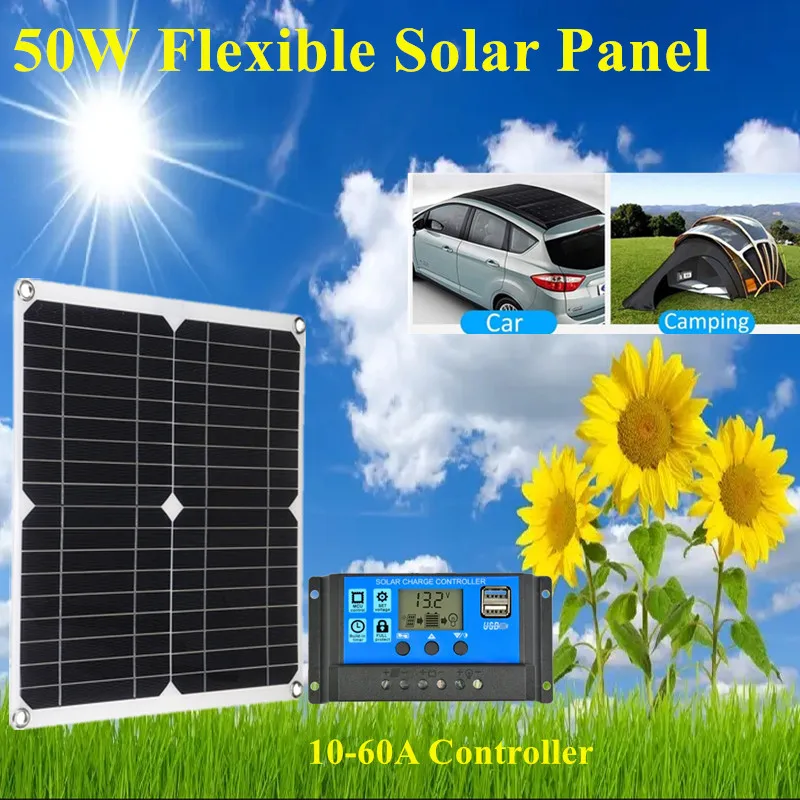 50W Flexible Solar Panel with 10/20/30/40/50/60A Controller Waterproof Poly Solar Panel for Car RV Hiking Camping Mobile Phones
50W Flexible Solar Panel with 10/20/30/40/50/60A Controller Waterproof Poly Solar Panel for Car RV Hiking Camping Mobile Phones