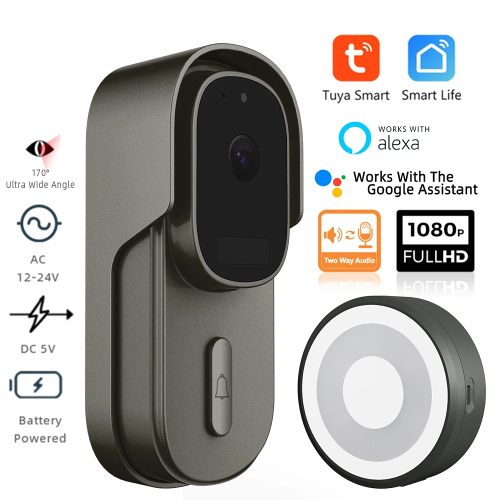 

Tuya Video Doorbell WiFi Wireless Door Bell DC AC Battery Powered 1080P 2MP Waterproof With Alexa Door bell Camerar Smart Home