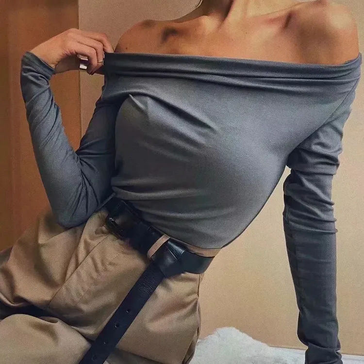 Soild Tops 2023 Spring Women Sexy Slash Neck Bottoming T-shirt Female New Fashion Off Shoulder Long-sleeved Slim Basic All Match 
Soild Tops 2023 Spring Women Sexy Slash Neck Bottoming T-shirt Female New Fashion Off Shoulder Long-sleeved Slim Basic All Match