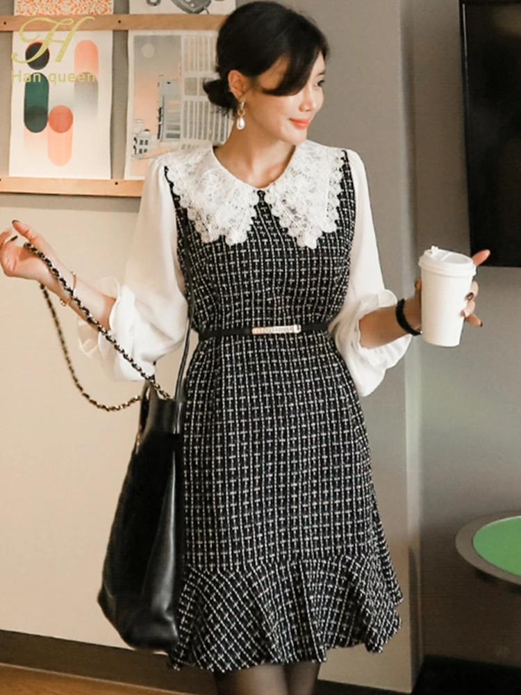 Женское платье в клетку H Han Queen, осенне-зимнее элегантное платье в Корейском стиле ретро, Повседневное платье в стиле пэчворк