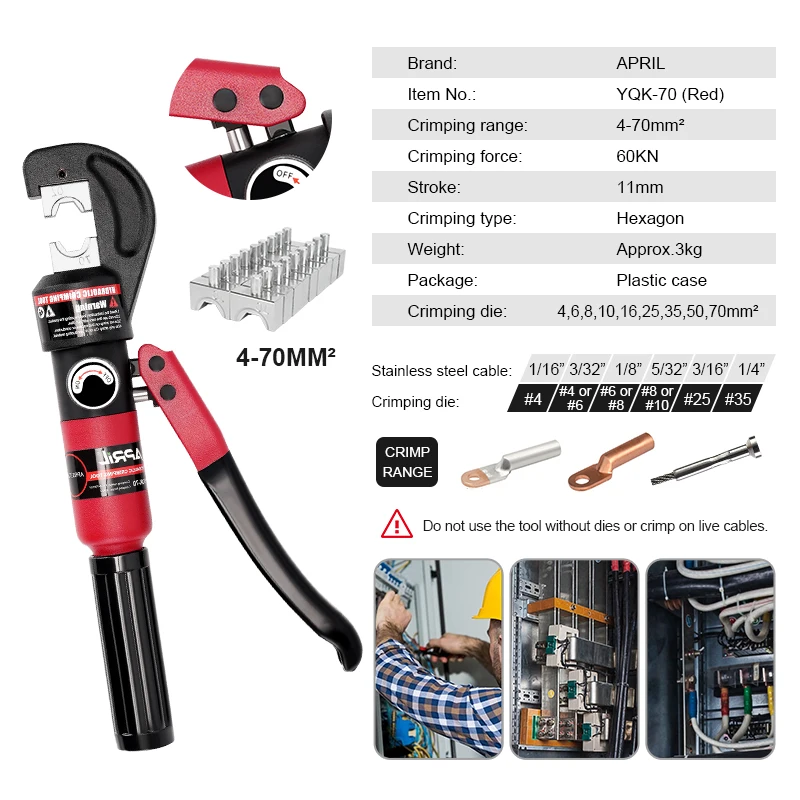Гидравлические клещи для обжима кабельных клемм APRIL YQK-70
Гидравлические клещи для обжима кабельных клемм APRIL YQK-70