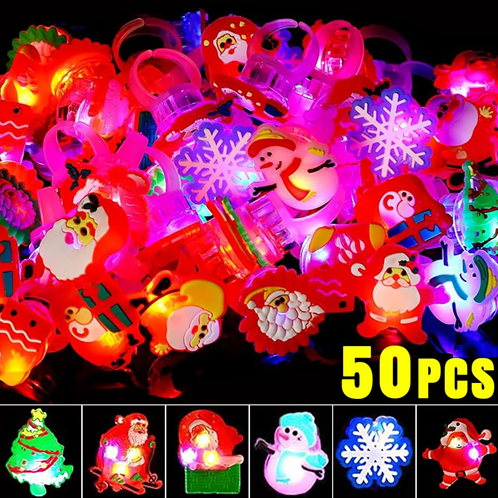 

50/10Pcs LED Christmas Glowing Ring Santa Claus Xmas Tree Light Up Toys Glow In The Dark Christmas Party Decoration Kids Gifts