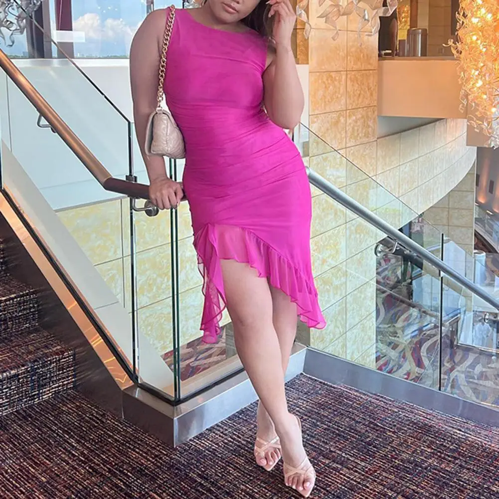 Solid Color Party Dress Elegant Women's Knee-length Bodycon Dress with Irregular Ruched Tulle Ruffle Split Hem Chic Solid for A 
Solid Color Party Dress Elegant Women's Knee-length Bodycon Dress with Irregular Ruched Tulle Ruffle Split Hem Chic Solid for A