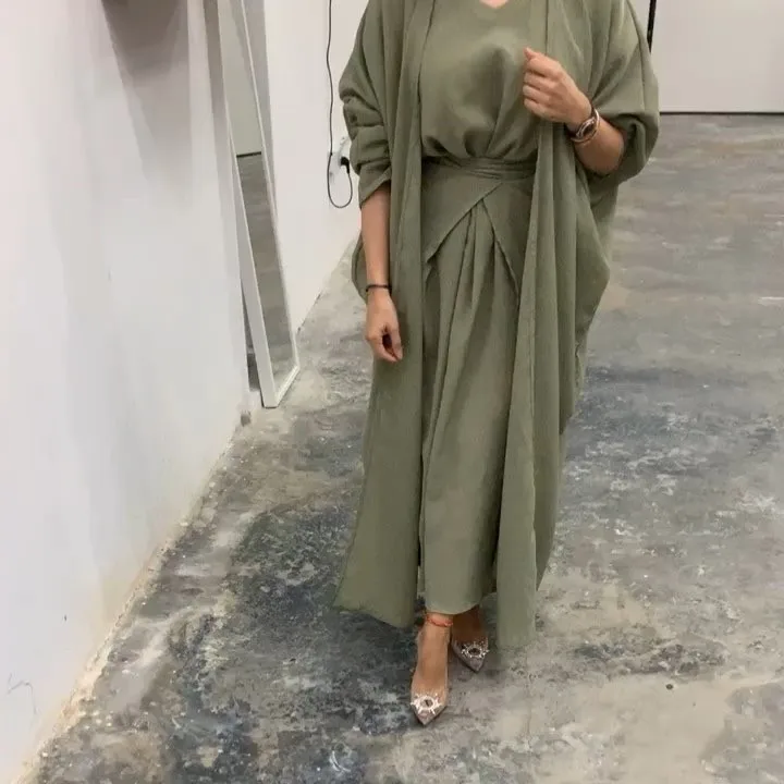 3Pcs Matching Set Women Muslim Abaya Dress fashion Linen Dubai Arabic Modest Outfit islamic Plain cardigan Wrap Front Skirt Eid
3Pcs Matching Set Women Muslim Abaya Dress fashion Linen Dubai Arabic Modest Outfit islamic Plain cardigan Wrap Front Skirt Eid