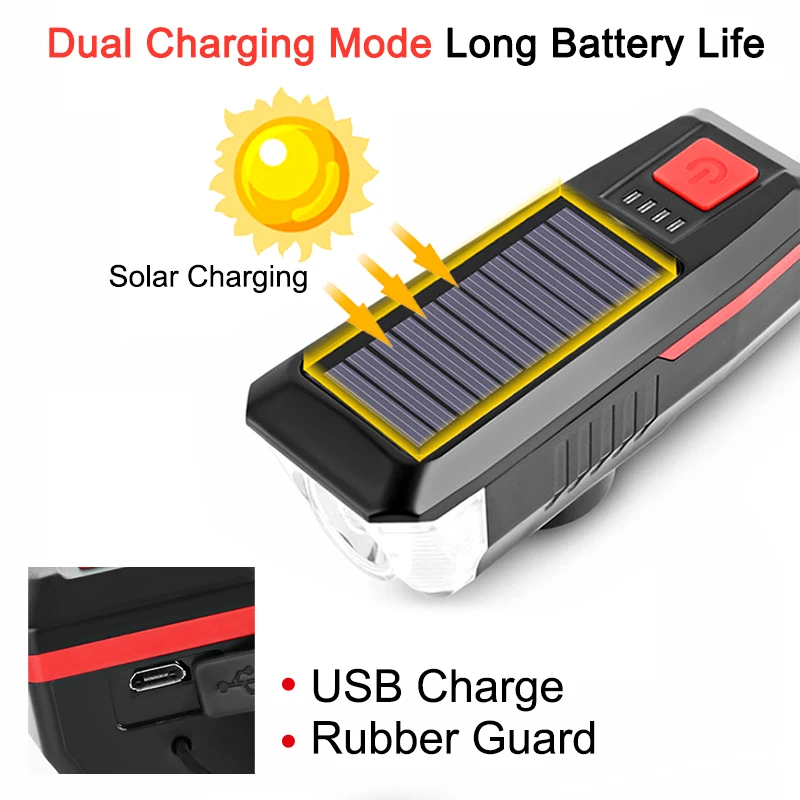 Solar/USB Rechargeable Bicycle Front Light MTB Road Mountain Bike Front Lamp with Bike Horn Bicycle Headlight Cycling Flashlight
Solar/USB Rechargeable Bicycle Front Light MTB Road Mountain Bike Front Lamp with Bike Horn Bicycle Headlight Cycling Flashlight