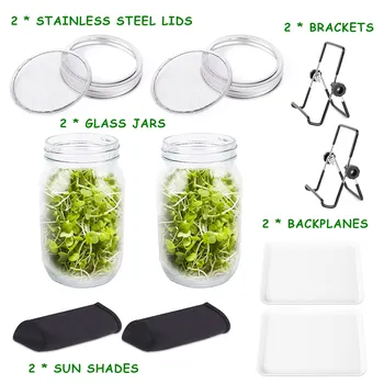 Seed Sprouting Jar Kit DIY Planting Bean Sprouts Growing Cover Sprout Lids with Stainless Steel Holder& 2 Wide Mouth Mason Jars