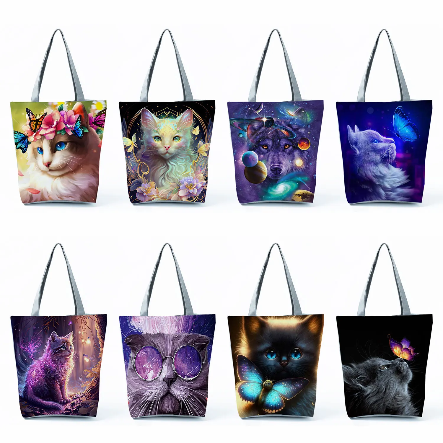 

Повседневные вместительные милые сумки с рисунком животного и кота-бабочки, мультипликационные экологически чистые многоразовые сумки для покупок, женские Офисные Сумки-тоут