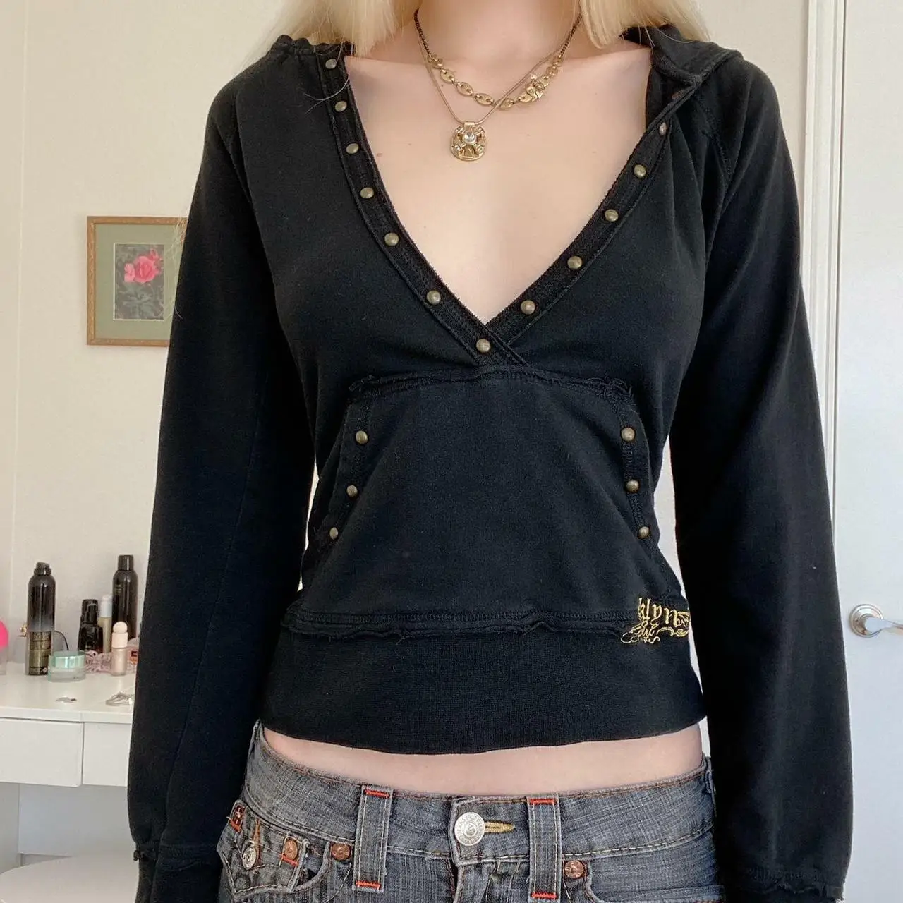 HEZIOWYUN Women Y2K E-Girl Vintage Short Sweatshirts Long Sleeve Hooded V-Neck Metal Nail Buckle Letter Embroidery Pullovers
HEZIOWYUN Women Y2K E-Girl Vintage Short Sweatshirts Long Sleeve Hooded V-Neck Metal Nail Buckle Letter Embroidery Pullovers