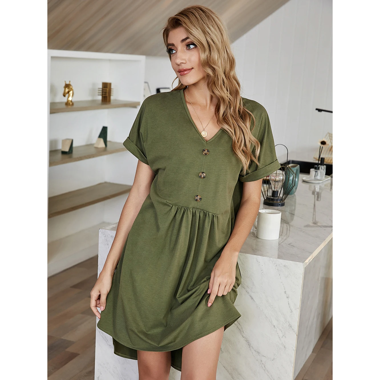 Women's V-Neck A-Line Skirt Home Casual Mid-Length Pure Color Dress Army Green 
Women's V-Neck A-Line Skirt Home Casual Mid-Length Pure Color Dress Army Green