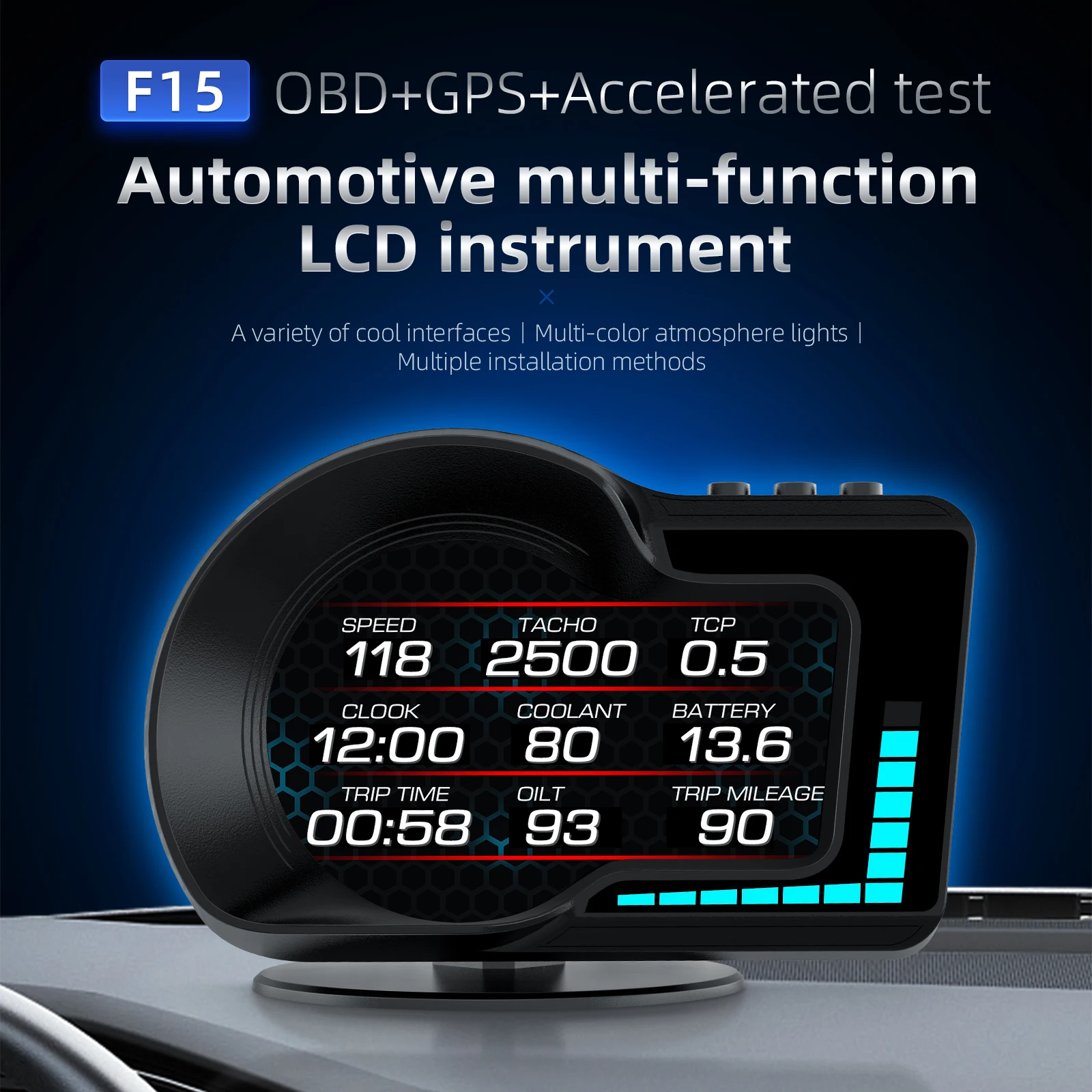 Спидометр, измеритель оборотов в минуту, с 6 функциями сигнализации, 7 цветов 
Спидометр, измеритель оборотов в минуту, с 6 функциями сигнализации, 7 цветов