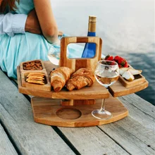 Home Outdoor Tables Wooden Folding Picnic Table With Glass Holder Round Foldable Desk Wine Glass Rack Collapsible Snack Tray