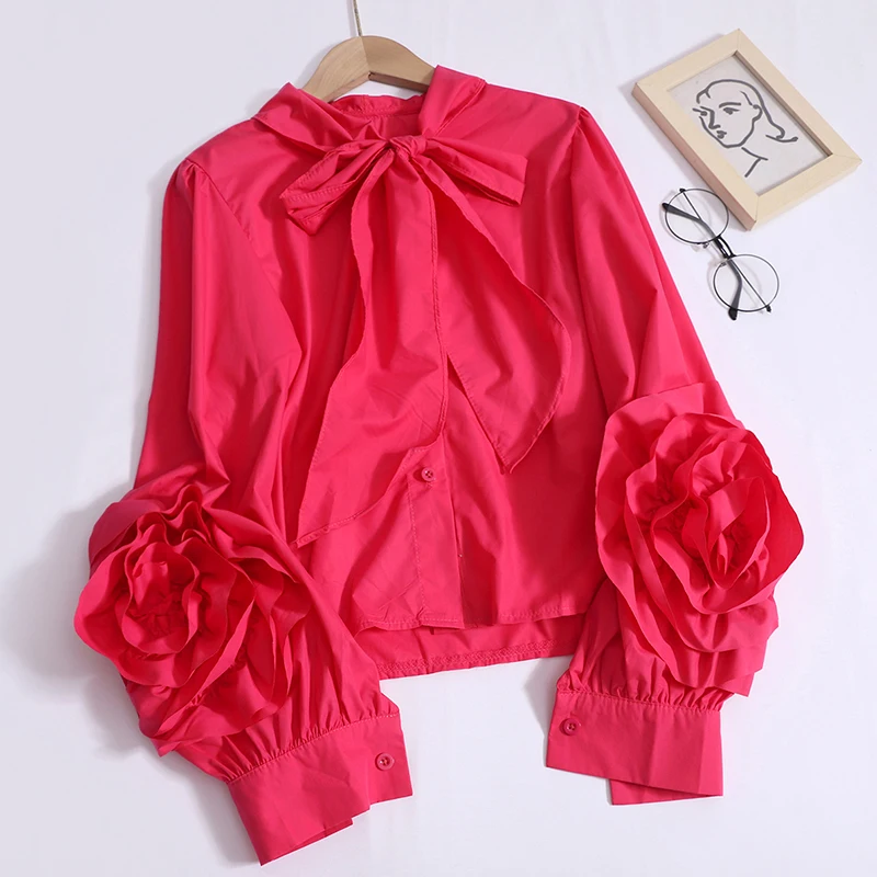 Рубашка женская с длинным рукавом, блузка свободного покроя с трехмерным цветочным принтом, модная однотонная Элегантная блузка с бантом, на осень 
Рубашка женская с длинным рукавом, блузка свободного покроя с трехмерным цветочным принтом, модная однотонная Элегантная блузка с бантом, на осень