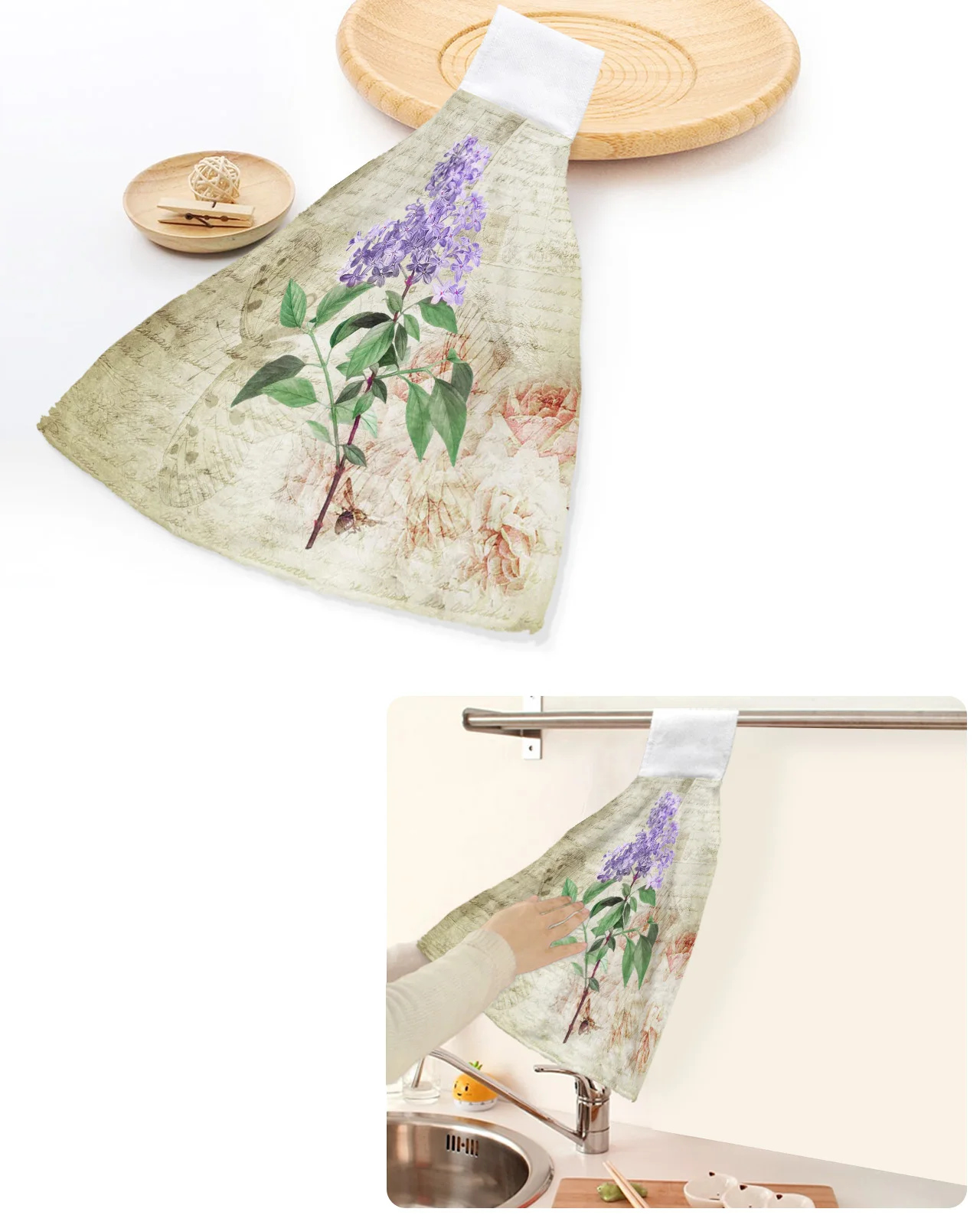 

Vintage Plant Lavender Purple Flower Hand Towels Home Kitchen Bathroom Hanging Dishcloths Loops Soft Absorbent Custom Wipe Towel