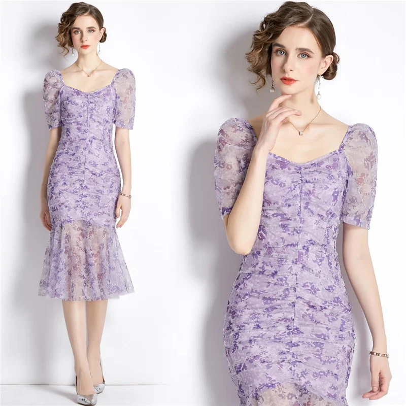 

Фиолетовые фантастические цветные кружевные платья-трубы с V-образным вырезом, облегающее платье с рюшами, коротким пышным рукавом, блестящее платье для молодых женщин