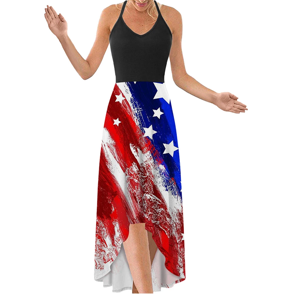 Women 4Th July Dress Splicing Low High Dress Summer Tie Dye Casual Sleeveless Strapy Dresses Female Beach Dress Vestido De Mujer
Women 4Th July Dress Splicing Low High Dress Summer Tie Dye Casual Sleeveless Strapy Dresses Female Beach Dress Vestido De Mujer