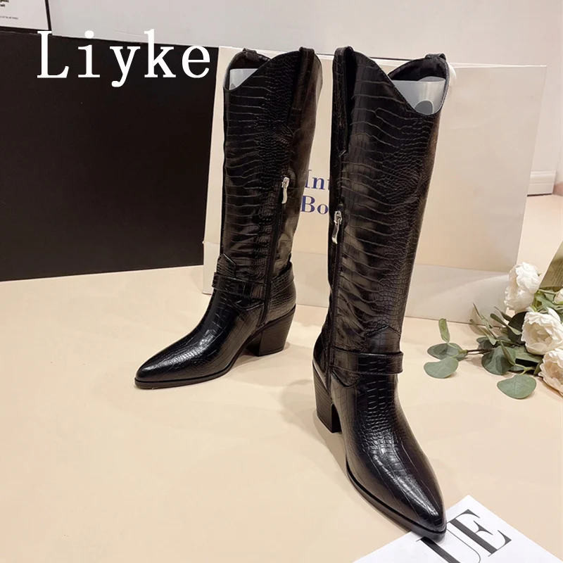 Liyke Fashion Cool Riding Western Cowboy Knee High Boots Women Black Snake Print Leather Booties Low Heels Ladies Party Shoes
Liyke Fashion Cool Riding Western Cowboy Knee High Boots Women Black Snake Print Leather Booties Low Heels Ladies Party Shoes