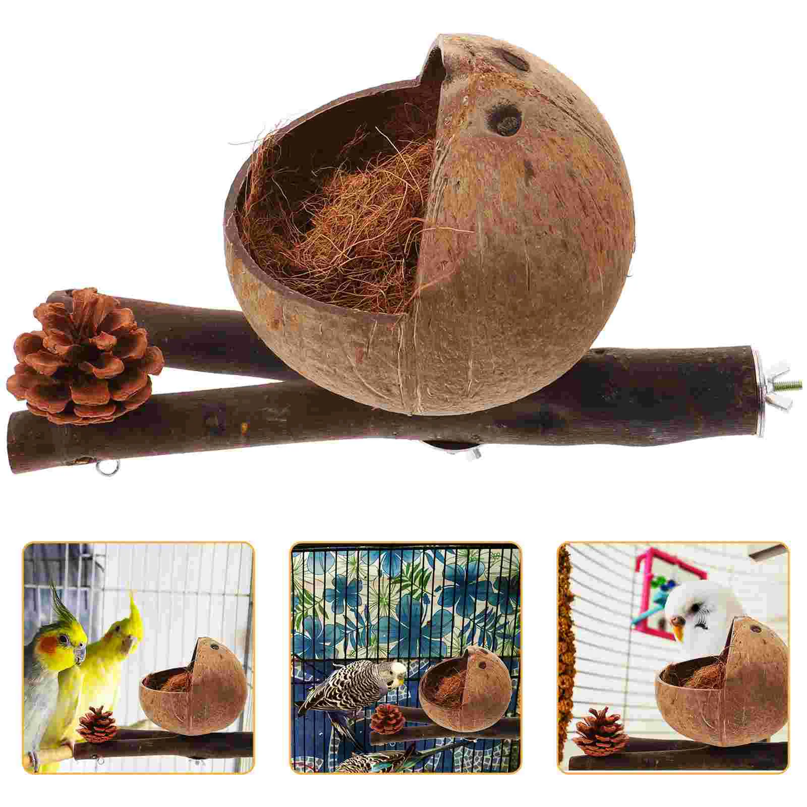 

Parrot Perch Pet Birds Nest Toys Bite-resistant Decorative Birdcage Wooden Stand Coconuts Shell
