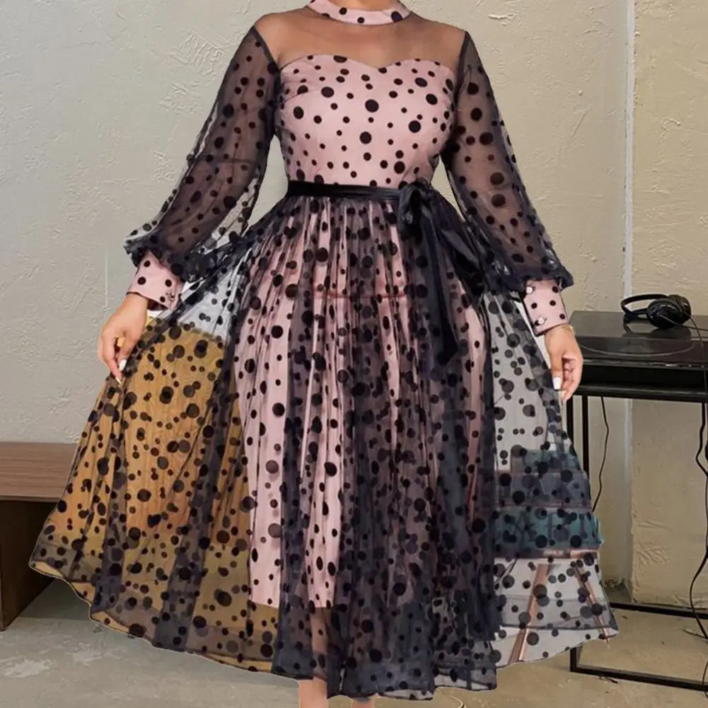 Party Princess Dress Round Neck Dress Lace-up Dot Printing Mesh Stitching Dress Women Dress for Banquet
Party Princess Dress Round Neck Dress Lace-up Dot Printing Mesh Stitching Dress Women Dress for Banquet