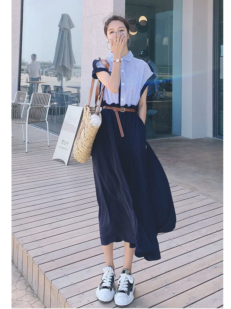 Elegant Slim Fit Striped Dress Women Lapel Single Breasted Short Sleeve Leather Belt 2022 Summer Female Clothing B208
Elegant Slim Fit Striped Dress Women Lapel Single Breasted Short Sleeve Leather Belt 2022 Summer Female Clothing B208
