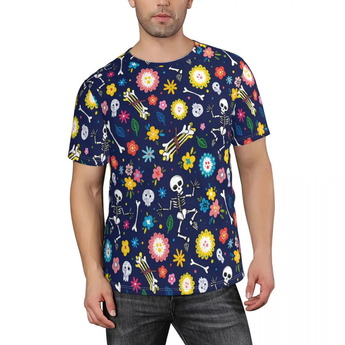 Футболка мужская с круглым вырезом, Повседневная Удобная рубашка с короткими рукавами, с цветным черепом и цветами, лето 
Футболка мужская с круглым вырезом, Повседневная Удобная рубашка с короткими рукавами, с цветным черепом и цветами, лето