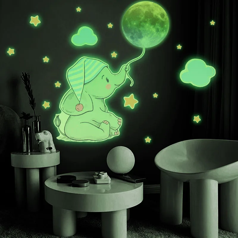 

Luminous Cartoon Elephant Moon Wall Stickers Baby Kids Room Bedroom Home Decoration DIY Glow In The Dark Fluorescent Decals