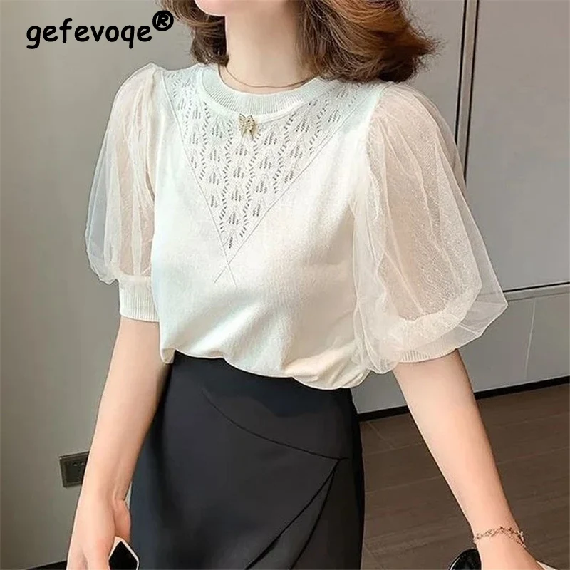 2022 Summer Black White Elegant Chic Mesh Patchwork Ladies Tops Short Sleeve Slim Hollow Knitted T-shirt Women Camisetas Mujer
2022 Summer Black White Elegant Chic Mesh Patchwork Ladies Tops Short Sleeve Slim Hollow Knitted T-shirt Women Camisetas Mujer