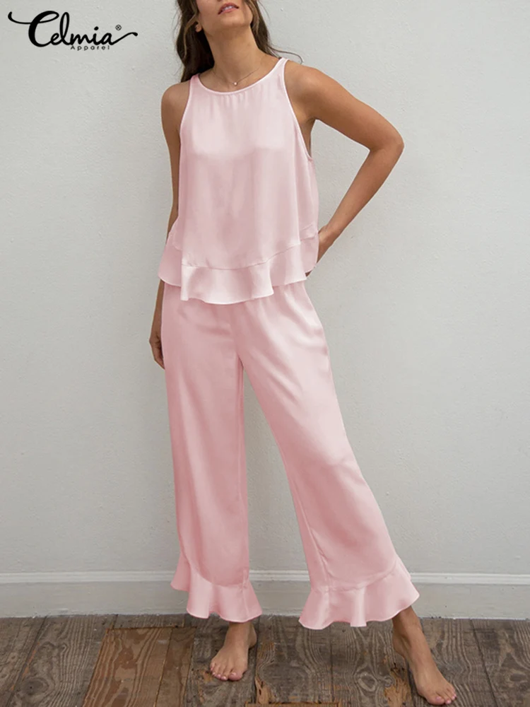 Celmia 2022 Summer 2 PCS Pajamas Sets Women Sleeveless Tank Tops and Ruffle Wide Leg Long Trousers Casual Satin Elegant Homewear
Celmia 2022 Summer 2 PCS Pajamas Sets Women Sleeveless Tank Tops and Ruffle Wide Leg Long Trousers Casual Satin Elegant Homewear