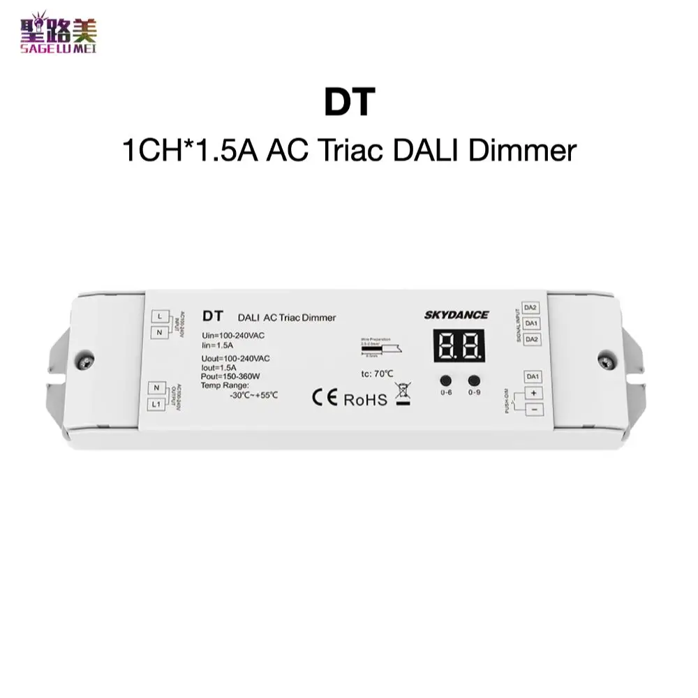 

DT 1CH*1.5A AC Triac DALI Dimmer 1 Channel Output Leading Edge or Trailing Edge Numeric Display SkyDance