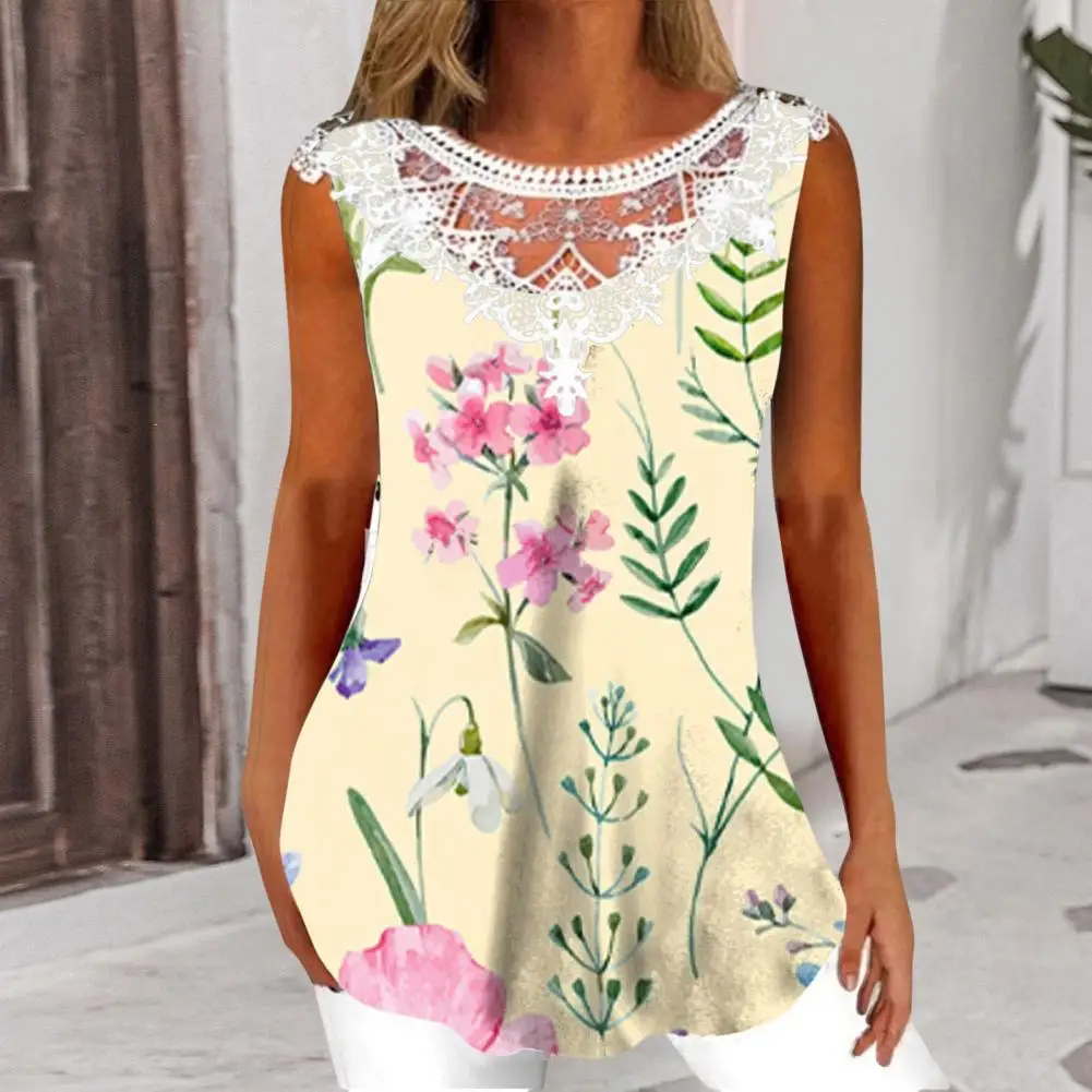 

Women Cotton Blend Top Floral Print Women Sleeveless Top Flower Print Lace Splicing Women's Sleeveless Blouse Loose for Ladies