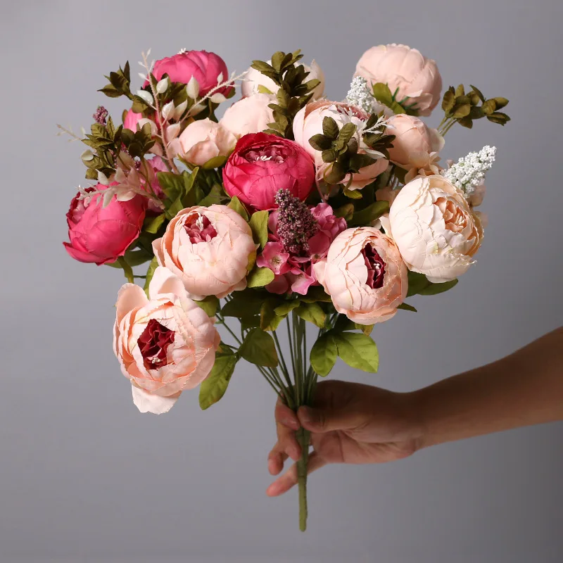 

Искусственные пионы 50 см, винтажный букет из 13 цветов, шелковые розы, ветки для дома, гостиной, стола, Свадебный декор для невесты