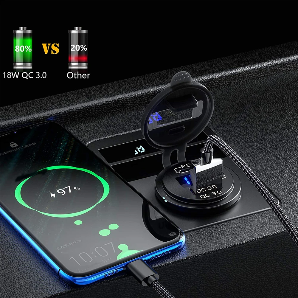 

48W USB Type C Car Usb Charger Socket 12V 24V Dual USB Outlet PD3.0&QC3.0 Car Socket with LED Voltmeter and ON/Off Switch Fast C