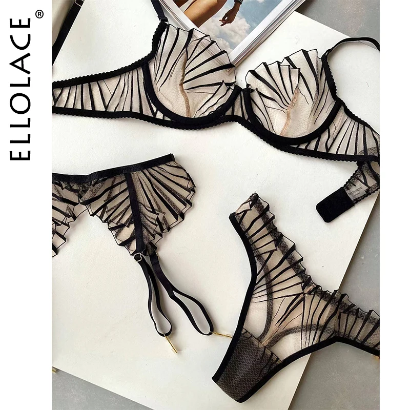 

Ellolace Fancy Lingerie For Women Transparent Lace Embroidery Garter 3-Piece Sexy Underwear Sheer Bra Intimate Kits Bilizna Set