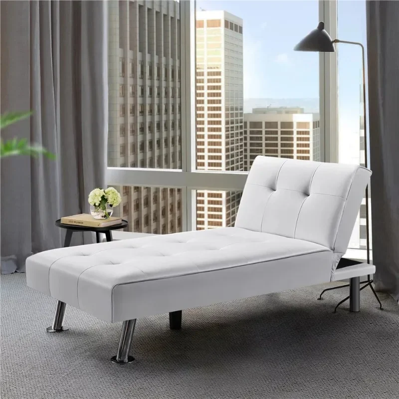 

Easyfashion Convertible Faux Leather Futon Chaise Lounge, White Recliner Chair Daybed Lounge Chair