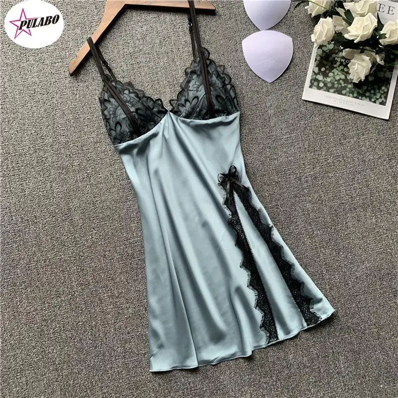 

2022 Woman Ice Silk Sexy Camisole Nightgown V-Neck Lace Imitate Real Silk Nightwear