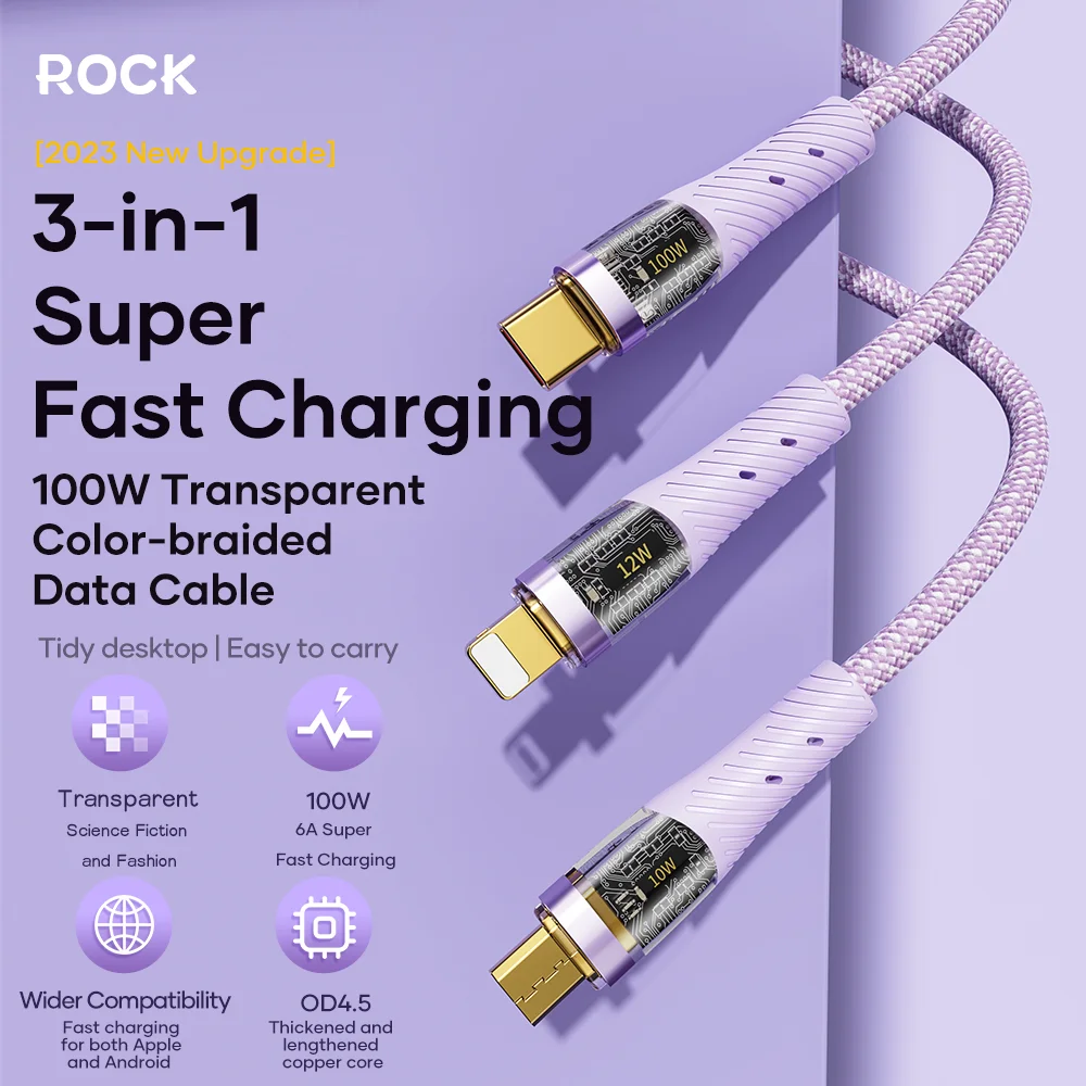 ROCK 100W 6A 3 in 1 USB Type C Cable Micro USB Wire Charger For iPhone 14 13 12 X Pro Max Samsung Xiaomi POCO Phone Data Cord
ROCK 100W 6A 3 in 1 USB Type C Cable Micro USB Wire Charger For iPhone 14 13 12 X Pro Max Samsung Xiaomi POCO Phone Data Cord