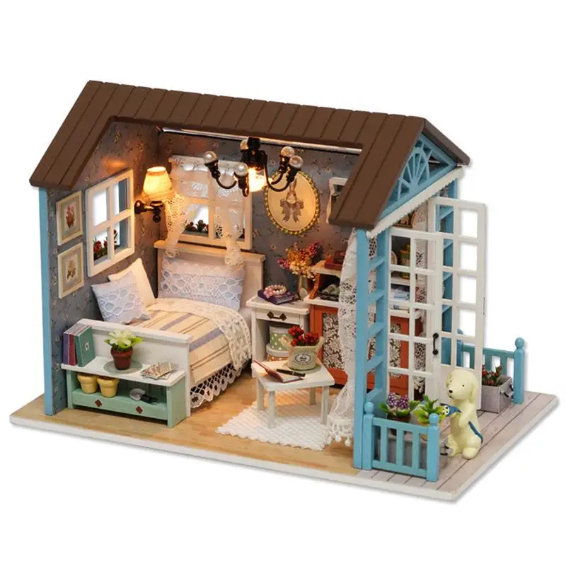 

DIY Miniature Dollhouse Kit DIY Assembled Wooden Cabin Model Mini Doll House With Furniture LED Lights For Children Adult