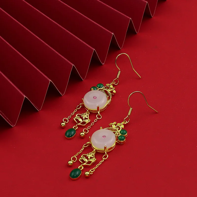 

Fashion Elegance Retro National Fashion Chinese Style Inlaid Imitation Hetian Jade Temperament Flow Eardrops Ear Hooks Ancient C