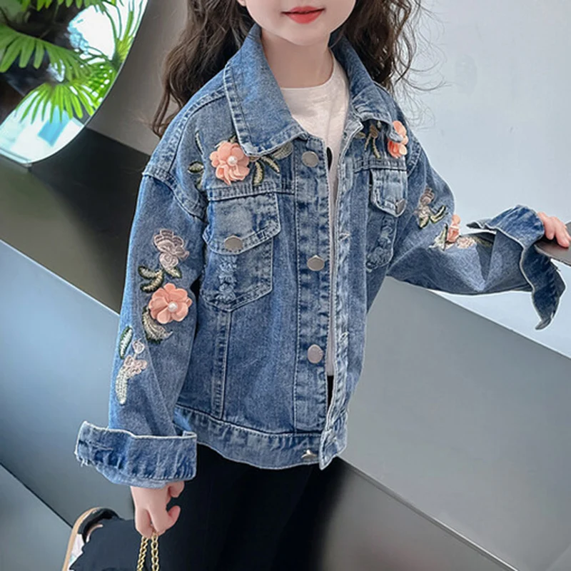 

Girl's embroidered denim jacket with three-dimensional flowers for spring and autumn, new European and American fashion 5y 6y 7y