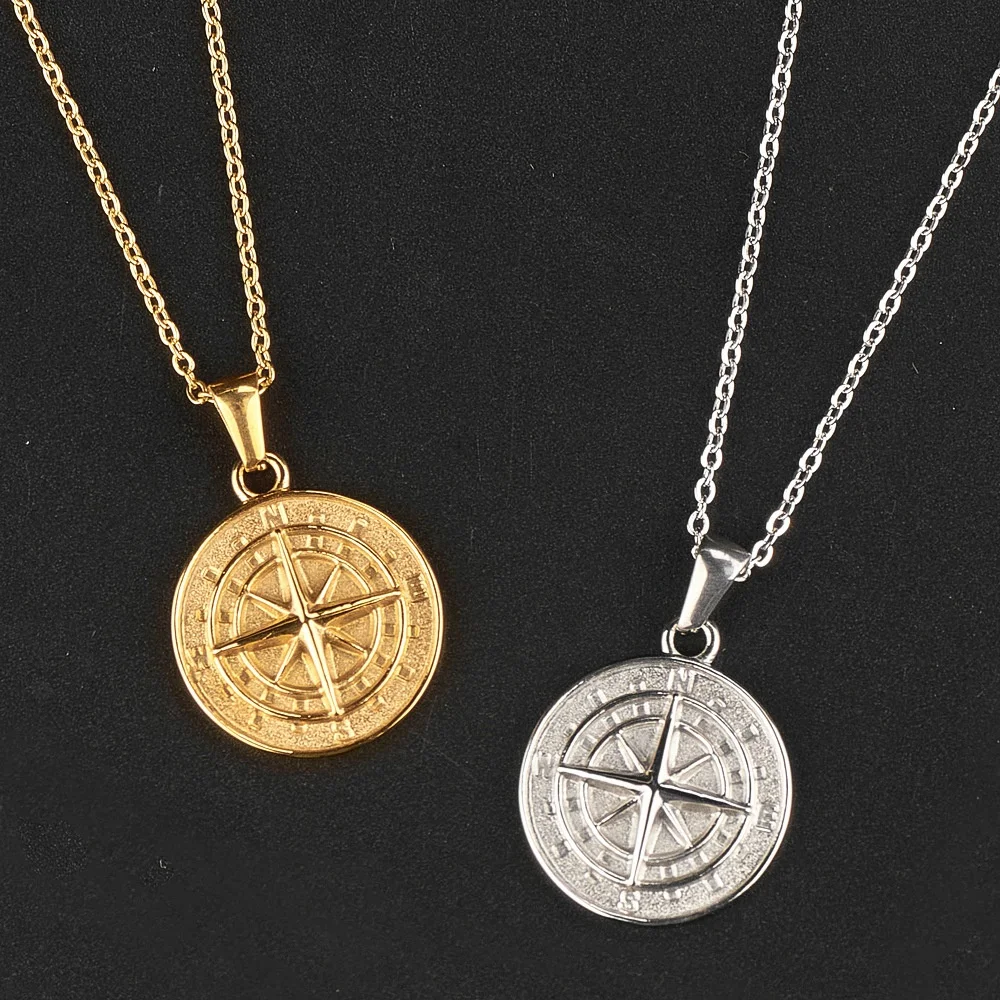 

Layered Necklaces for Men, Sailing Travel Compass Pendant, Stainless Steel Cuban Figaro Wheat Chain, Casual Retro Collar cheap