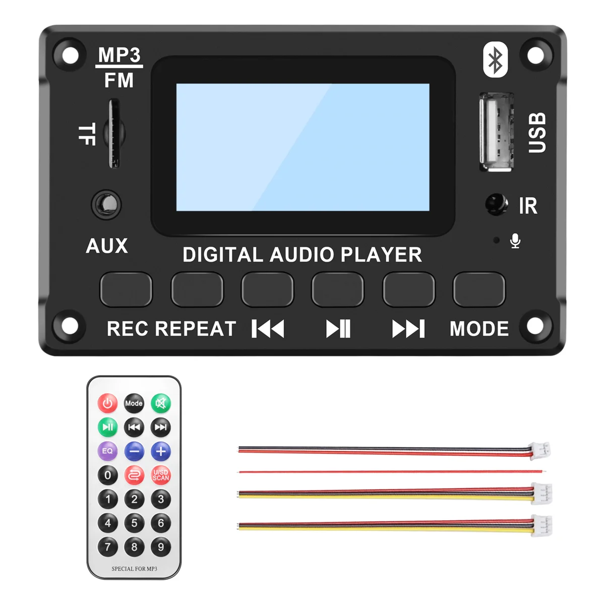 Автомобильный Bluetooth MP3 декодер, плата, ЖК-дисплей, MP3 аудио модуль, динамик, поддержка FM-радио, AUX, USB декодирование MP3-плеера
Автомобильный Bluetooth MP3 декодер, плата, ЖК-дисплей, MP3 аудио модуль, динамик, поддержка FM-радио, AUX, USB декодирование MP3-плеера