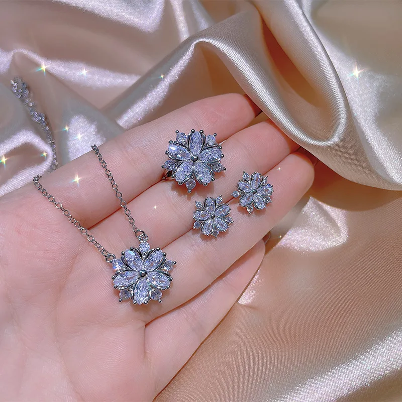 925 Silver Fashion Snowflake Flower Jewelry Set Shiny Cubic Zirconia Elegant Ring Earring Necklace Wedding Bridal Jewelry Set
925 Silver Fashion Snowflake Flower Jewelry Set Shiny Cubic Zirconia Elegant Ring Earring Necklace Wedding Bridal Jewelry Set
