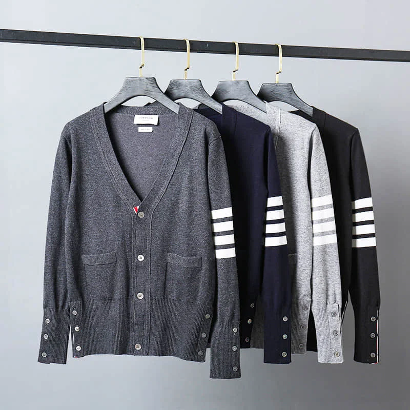 

Mens TB Fashion Brand 4-Bar Stripe Sweaters Boys Slim Fit V-Neck Striped Cardigans Clothing Striped Side Slit Coat England Style