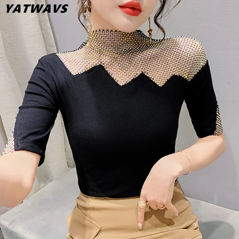 New Fashion Summer European Female Clothes T-Shirt Chic Sexy Hollow Out Shiny Diamonds Women Top Half Sleeve Elastic Cotton Tees
New Fashion Summer European Female Clothes T-Shirt Chic Sexy Hollow Out Shiny Diamonds Women Top Half Sleeve Elastic Cotton Tees