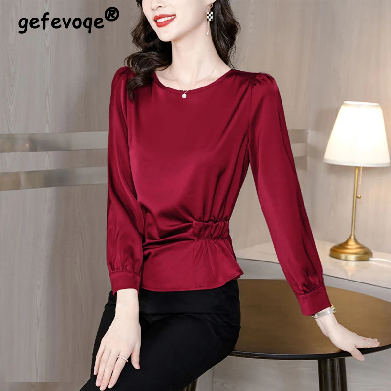Spring Summer Elegant Fashion Solid Simple Satin Shirt Female Long Sleeve All-match Pullover Tops Women Temperament Folds Blouse
Spring Summer Elegant Fashion Solid Simple Satin Shirt Female Long Sleeve All-match Pullover Tops Women Temperament Folds Blouse