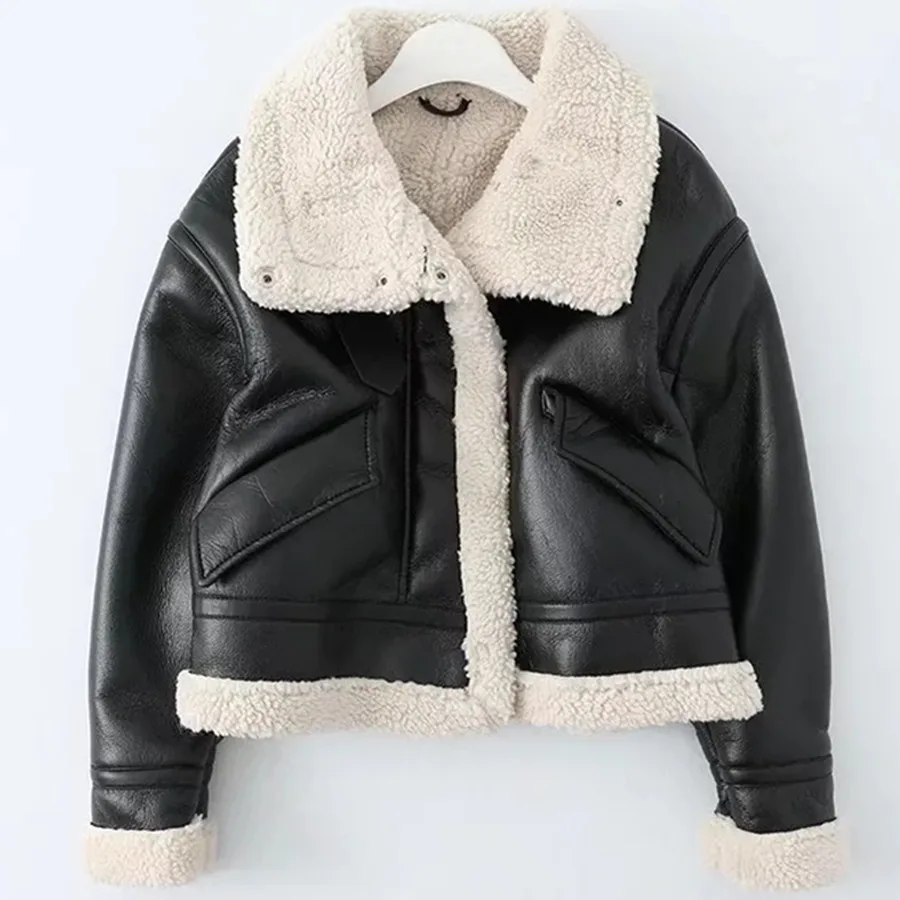 

Jenny&Dave Street Retro Motorcycle Breathing Leather Fur Inside Warm Short Jacket Coat Women Tops Winter Leather Jacket Women