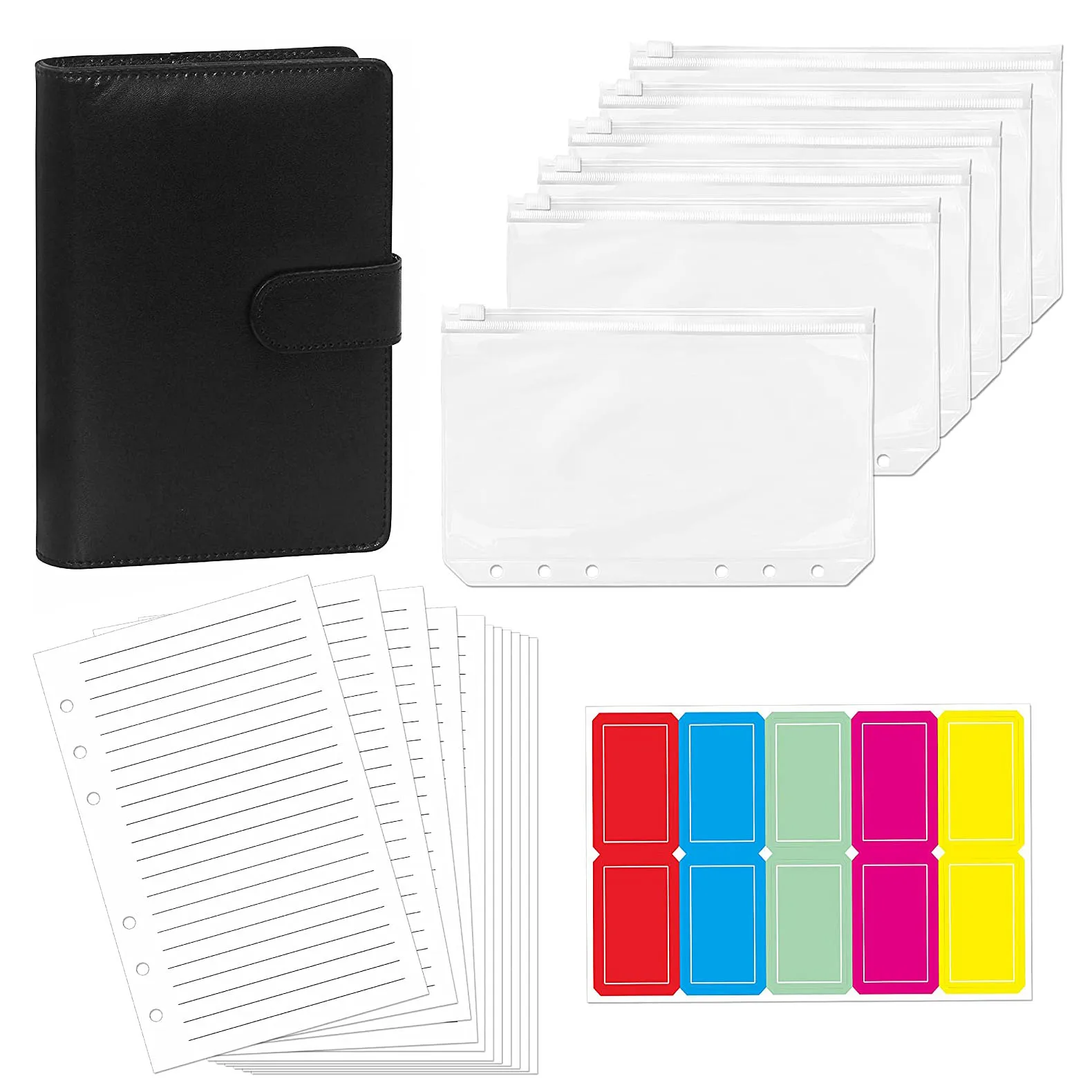 

A6 PU Leather Binder Planner Cash Envelopes for Budgeting and Saving Money with 40 Pages Filler Paper,6 Zipper Bags,10 Stickers