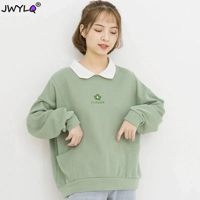 Spring Autumn Turn-down Collar Kawaii Clothes Fashion Flower Embroidery Pocket Sweatshirts Simple Casual Preppy Style Pullovers
Spring Autumn Turn-down Collar Kawaii Clothes Fashion Flower Embroidery Pocket Sweatshirts Simple Casual Preppy Style Pullovers