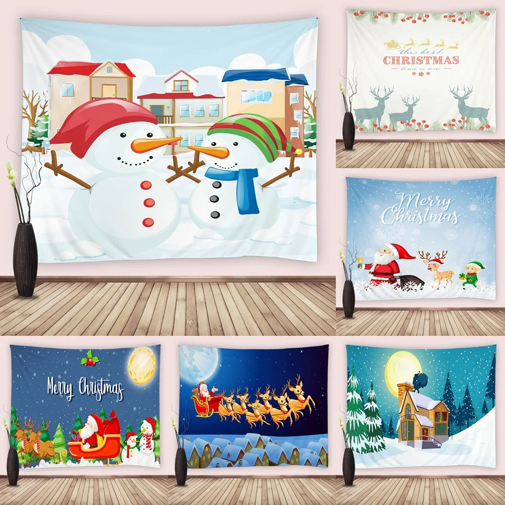 

Christmas Snowman Tapestry Wall Hanging Fabric Xmas Winter Reindeer Santa Claus Snowflake Tapestries Bedroom Living Room Decor