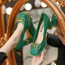 Womens Mid-heel 5.5CM 2022 Summer French Style Back Empty Female Thick Heel Square Toe Mary Jane Shoes Black Green Talon Femme