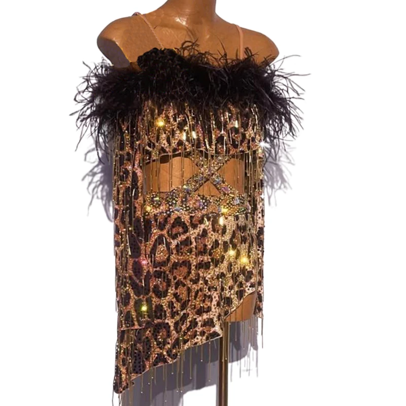 

Latin Dance High-end Custom Sling Ostrich Fur Leopard Pattern Performance Dress Cha Tango Female Adult Stage Professional Dress